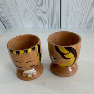 Vintage MCM Pair Hand Painted Face Wood Egg Cups Mr Mrs